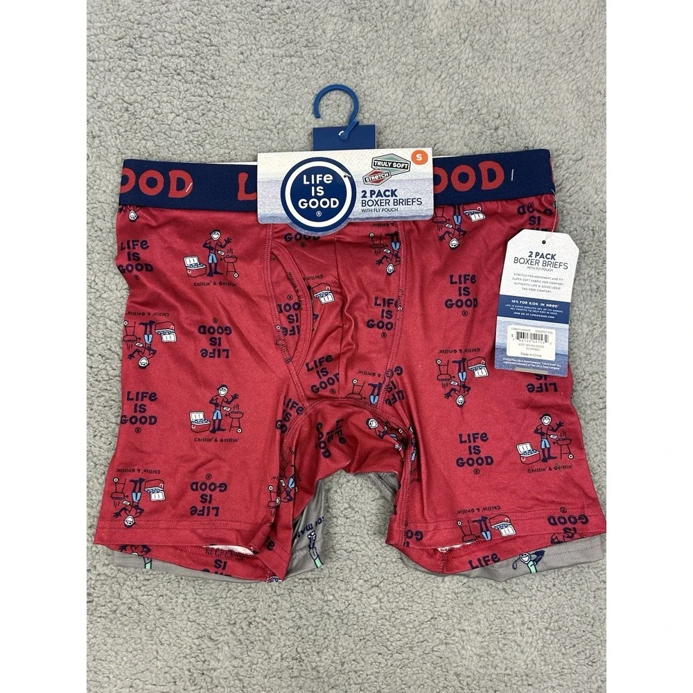 Life is Good 2-Pack Boxer Briefs With Fly Pouch Mens Size Small Red Blue Grey